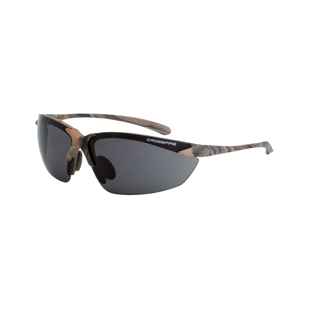 Crossfire Sniper Premium Safety Eyewear - Woodland Brown Camo Frame - Smoke Lens