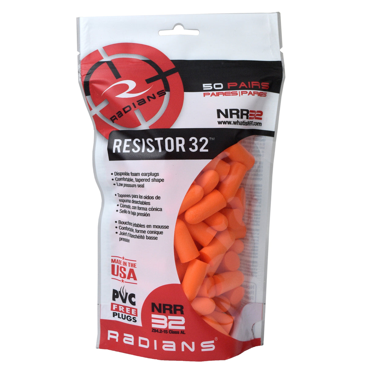 Radians Resistor® 32 Foam Earplugs Bag - Uncorded - Orange - 50 Pair Bag