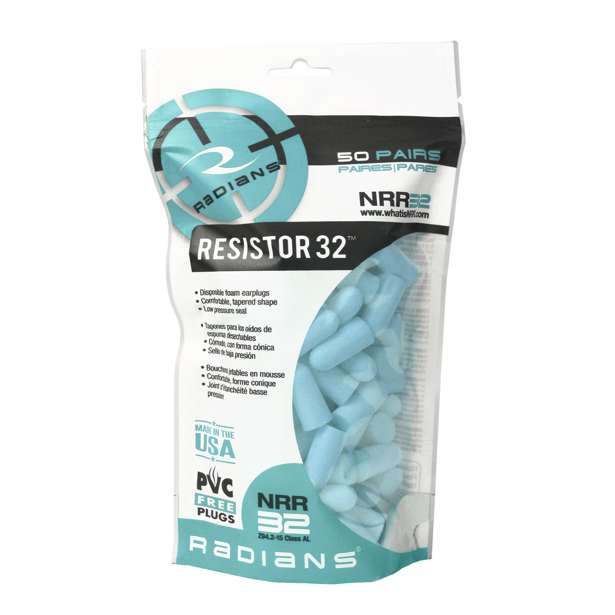 Radians Resistor® 32 Foam Earplugs Bag - Uncorded - Aqua - 50 Pair Bag
