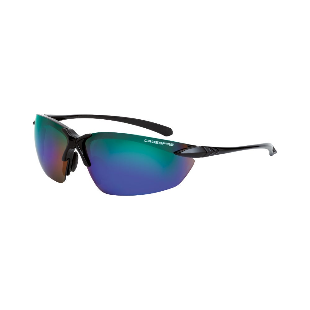 Crossfire Sniper Premium Safety Eyewear - Shiny Black Frame - Emerald Mirror Lens