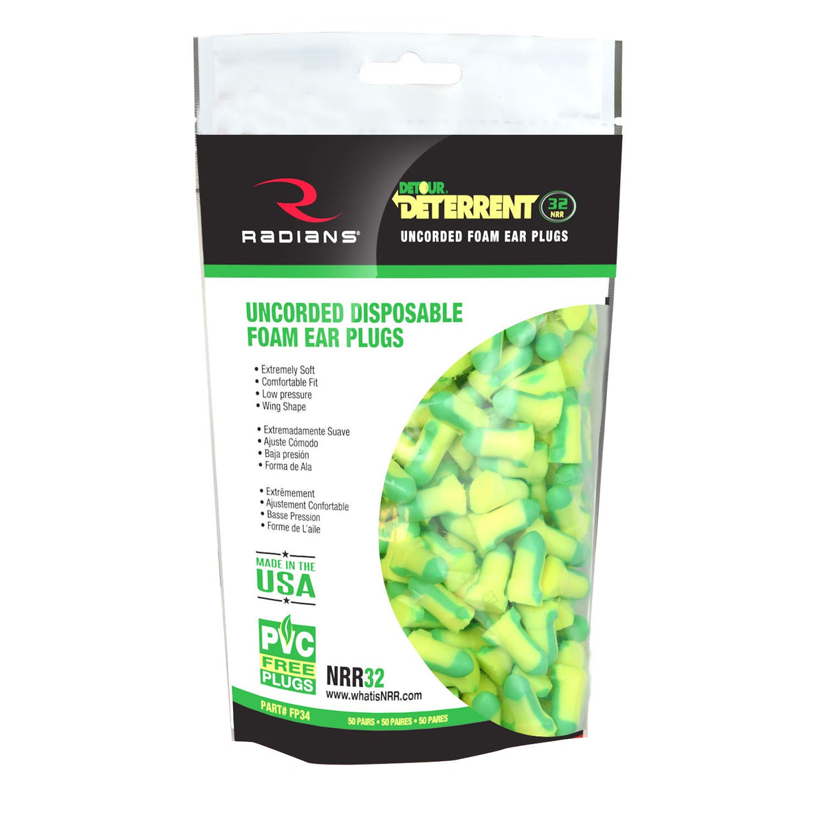 Radians Deterrent® 32 Disposable Foam Earplugs - Uncorded - 50 Pair Bag