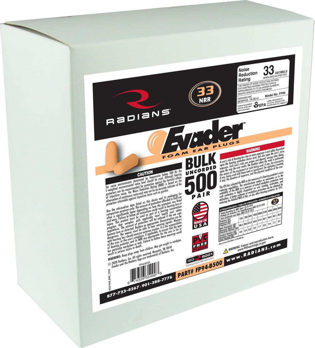 Radians EVADER® Foam Uncorded Earplug Dispenser Refill - 500 Pair
